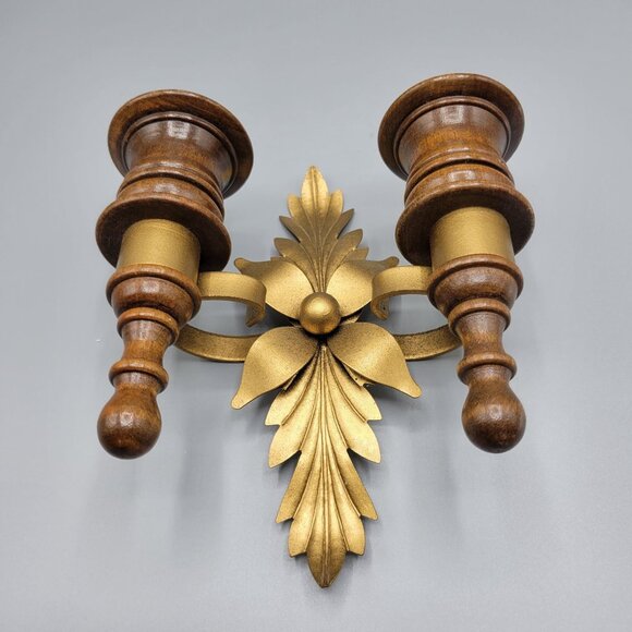 Vintage Homco Home Interiors Wall Sconce Candle Holder Gold Painted Metal Wood - Picture 2 of 9
